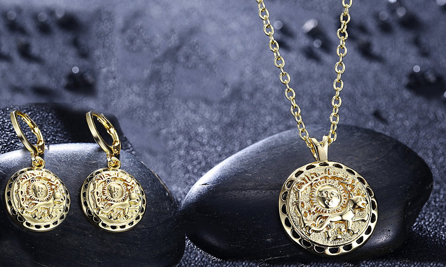 Roman Ingrain Medallion Earrings & Necklace Set in Goldtone