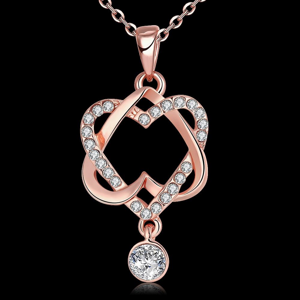 14K Rose Gold Tone White Luxe Pav'e Interlocking Heart Necklace & Earrings Stud Set ITALY Design