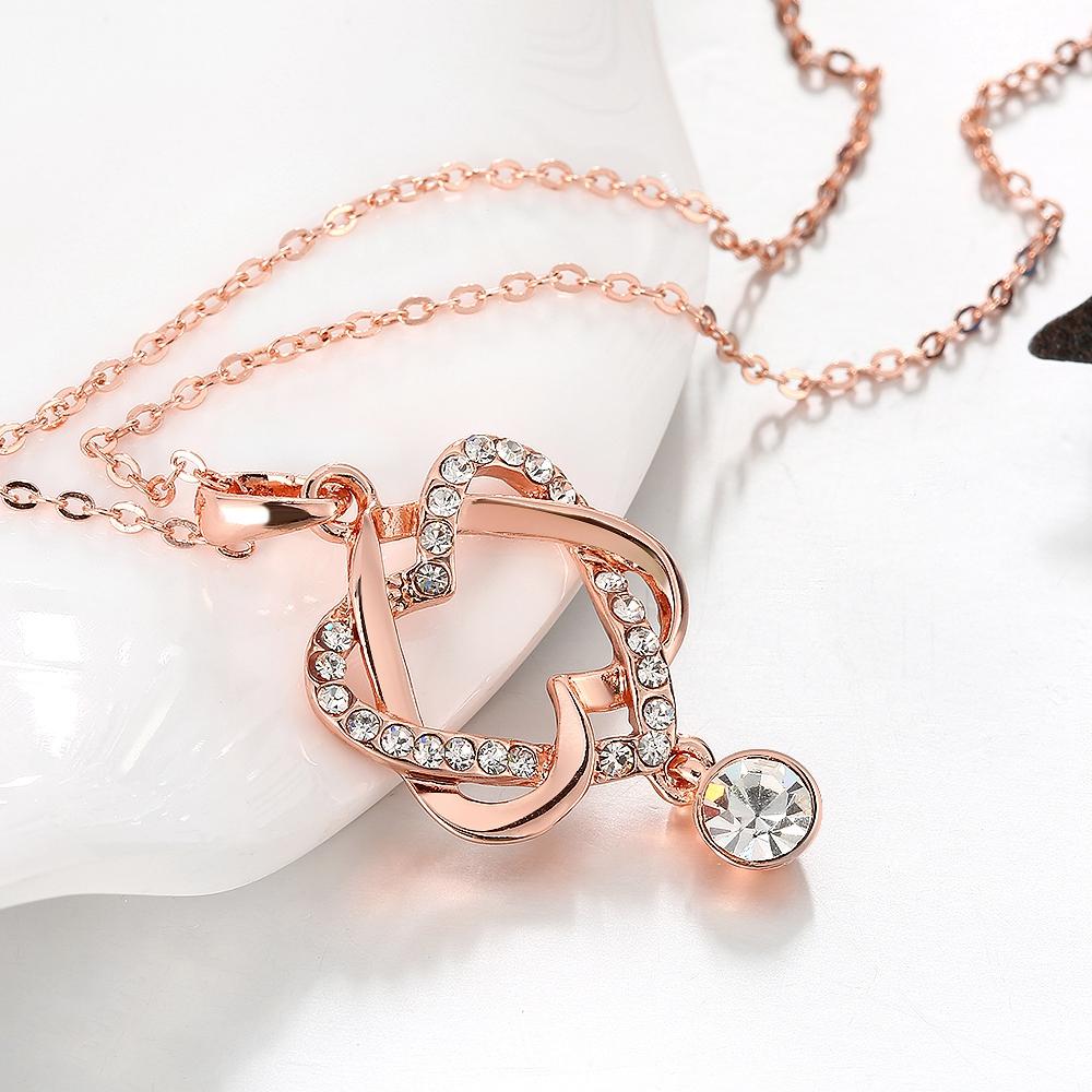 14K Rose Gold Tone White Luxe Pav'e Interlocking Heart Necklace & Earrings Stud Set ITALY Design