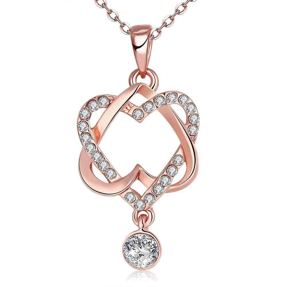 14K Rose Gold Tone White Luxe Pav'e Interlocking Heart Necklace & Earrings Stud Set ITALY Design