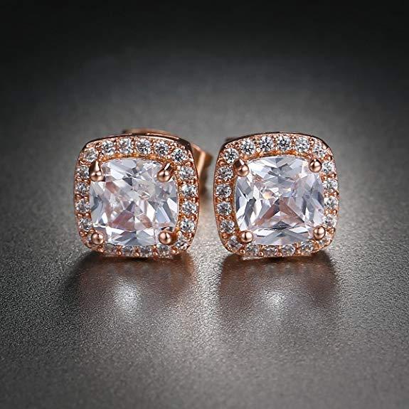 14K Rose Gold Tone White Luxe Pav'e Interlocking Heart Necklace & Earrings Stud Set ITALY Design