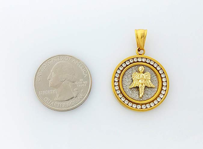 White Crystal Pav'e Medallion Angel Circular Pendant Necklace in Goldtone Tone