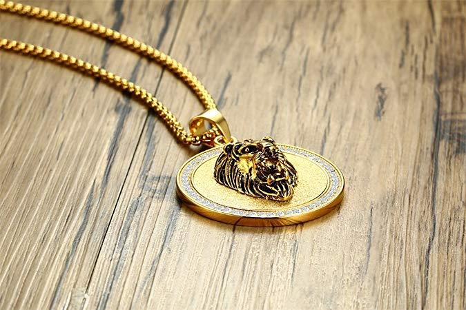 King of the Jungle Lion Pendant Medallion Necklace in Goldtone