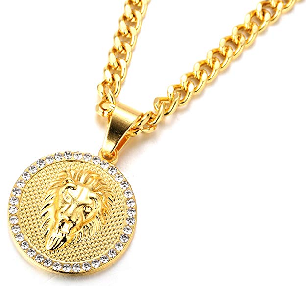 Father's Day Gift 3D Lion Pav'e Medallion Necklace in Goldtone Tone