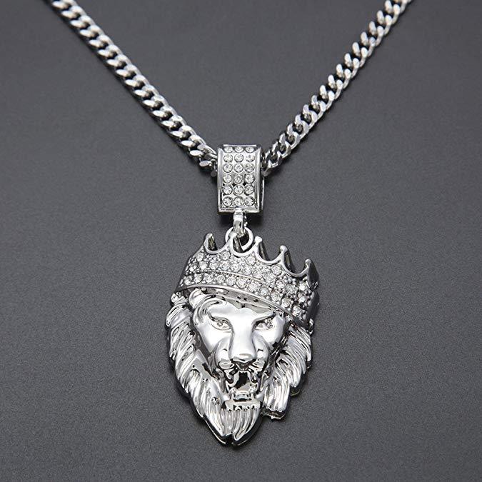 Pave King of the Jungle Lion Crown Pendant Medallion Necklace in Silvertone