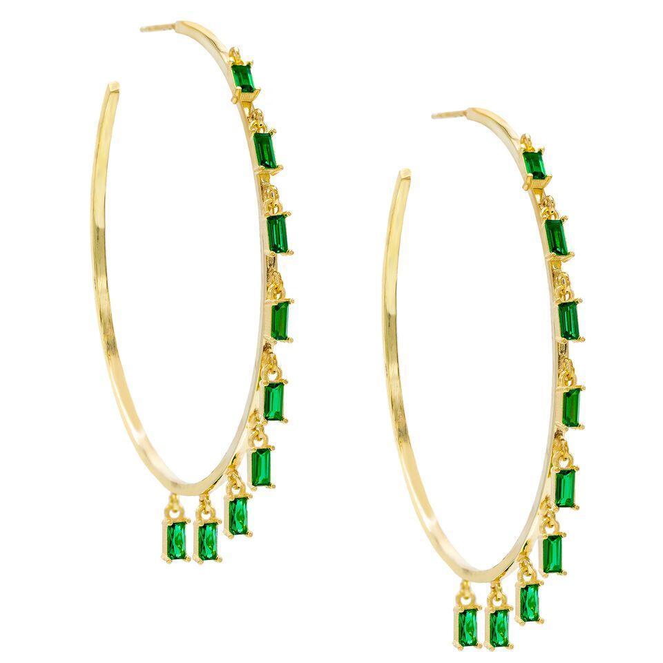 Pave Mini Baugette Dainty Emerald 1.4" Hoop Earring Embellished with Crystals in Goldtone