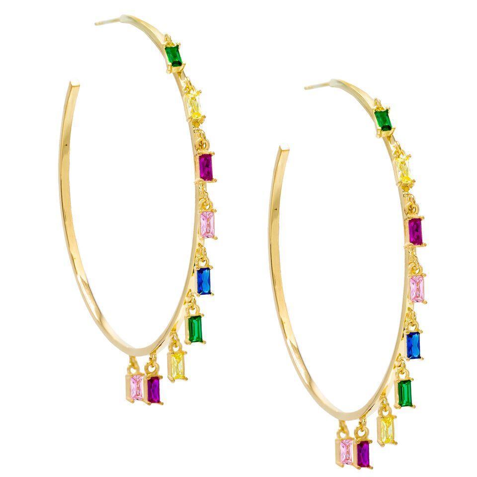 Pave Mini Baugette Dainty Rainbow 1.4" Hoop Earring Embellished with Crystals in Goldtone