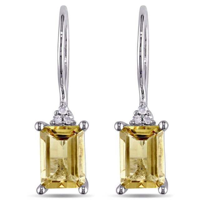 Yellow Crystal Emerald Cut Pav'e Drop Earrings in 14K White Gold Tone