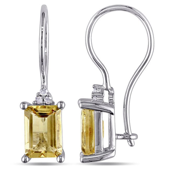 Yellow Crystal Emerald Cut Pav'e Drop Earrings in 14K White Gold Tone