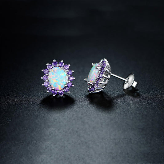 0.25 CTTW White Fire Opal and Amethyst Stud Earrings in Silvertone