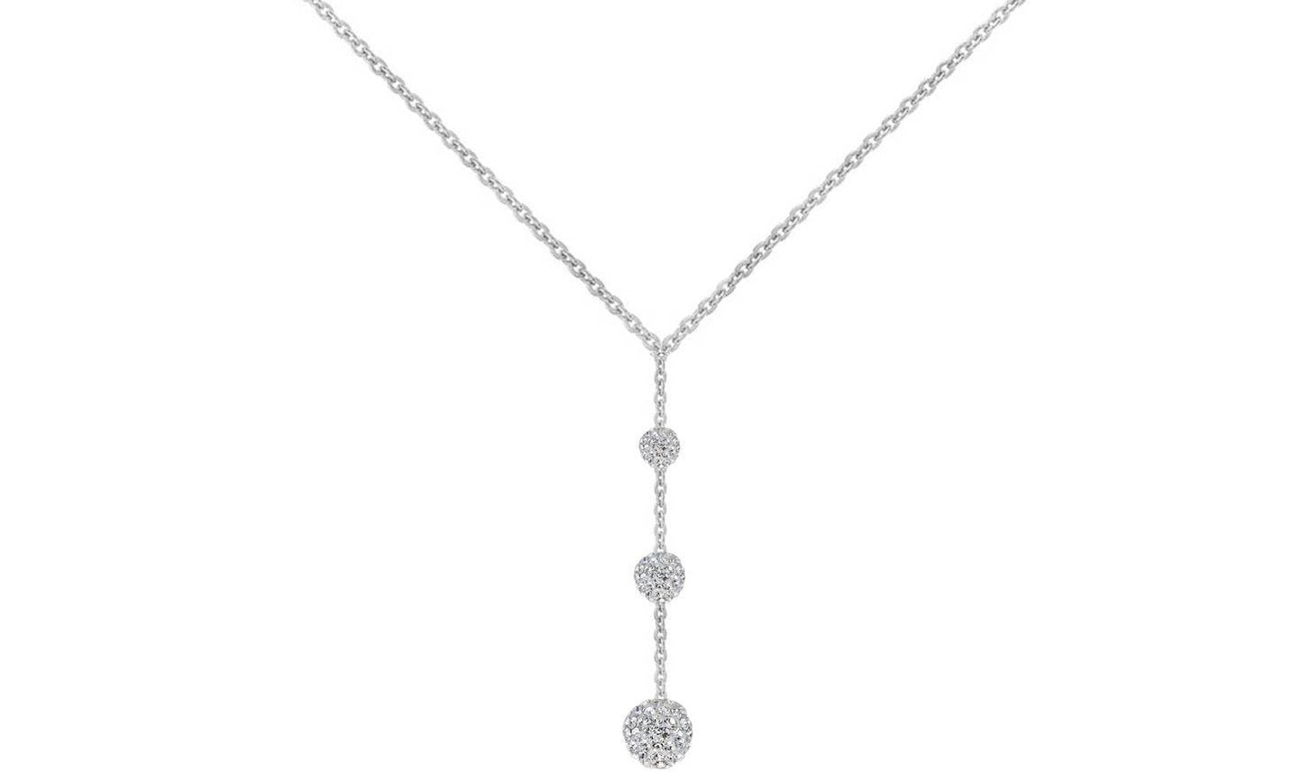 Tripple Embellished with Crystals Ball Drop Necklace in Silvertone