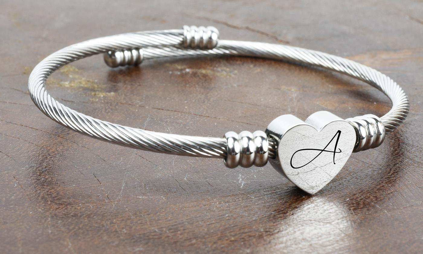 SOLID STAINLESS STEEL Heart Cable Initial Bracelet - Letters A-Z ITALY Design