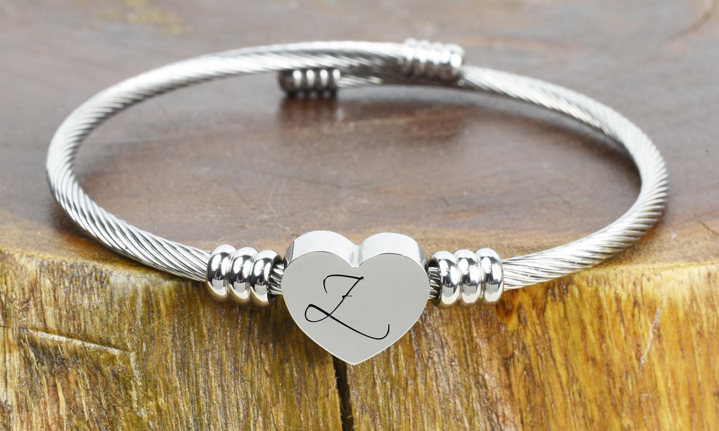 SOLID STAINLESS-STEEL HEART INITIAL CABLE BANGLE - ALL LETTERS ITALY Design