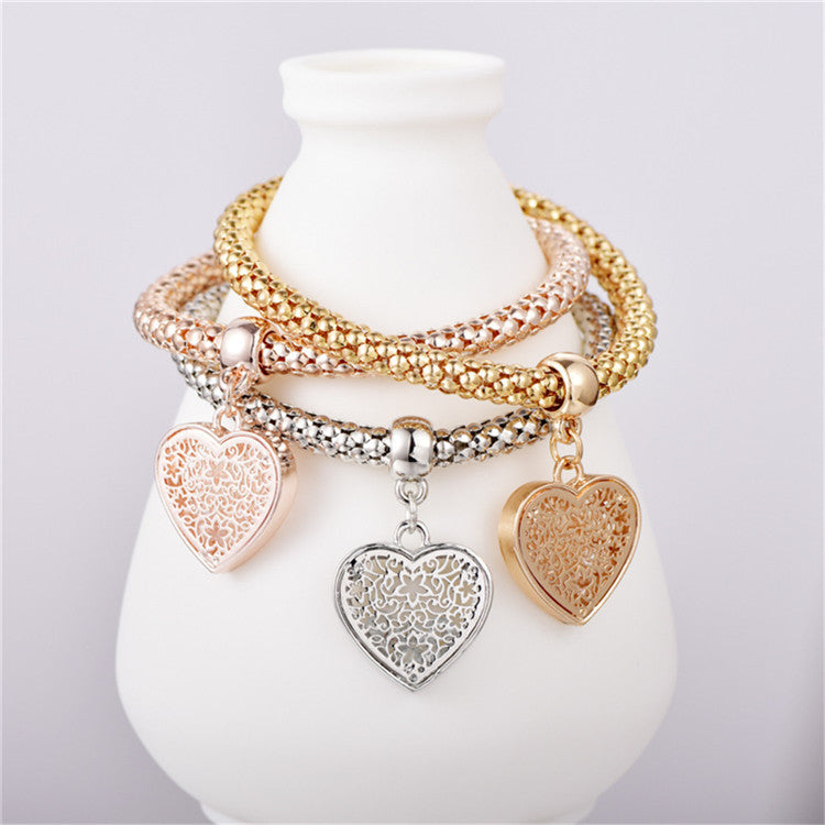 Trio Gold Filigree Hearts Charm Mesh Bracelets Sets