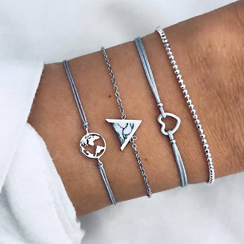 14K White Gold Tone White Marble Triangular Bracelet Set