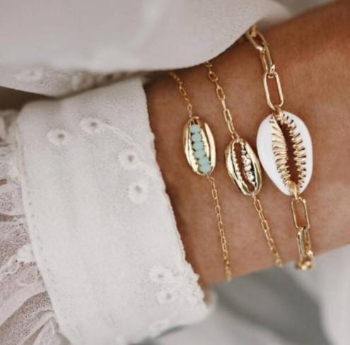 Turquoise Sea-Shell 3 Piece Bracelet Set in Goldtone