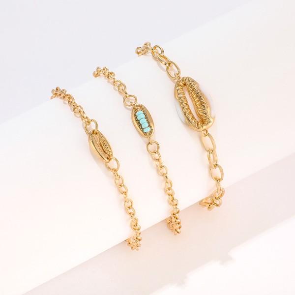 Turquoise Sea-Shell 3 Piece Bracelet Set in Goldtone