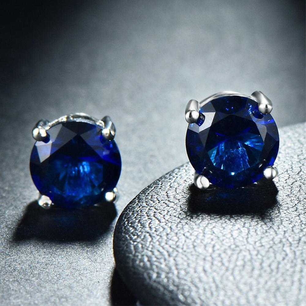 Sapphire Created Crystal 6mm Stud Earring 14K White Gold Plated - 1.00 CT