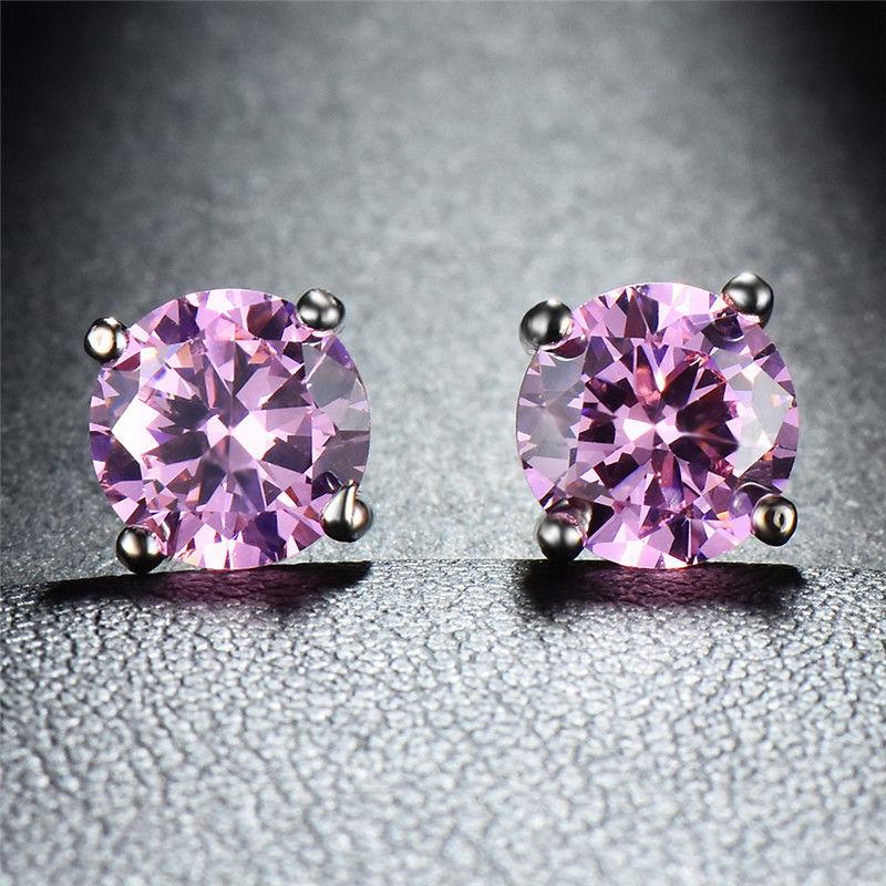 Pink Topaz Onyx Embellished with Crystals 7mm Stud Earringin Silvertone