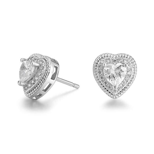 Pave Halo Heart Stud Earring Embellished with Crystals in Silvertone