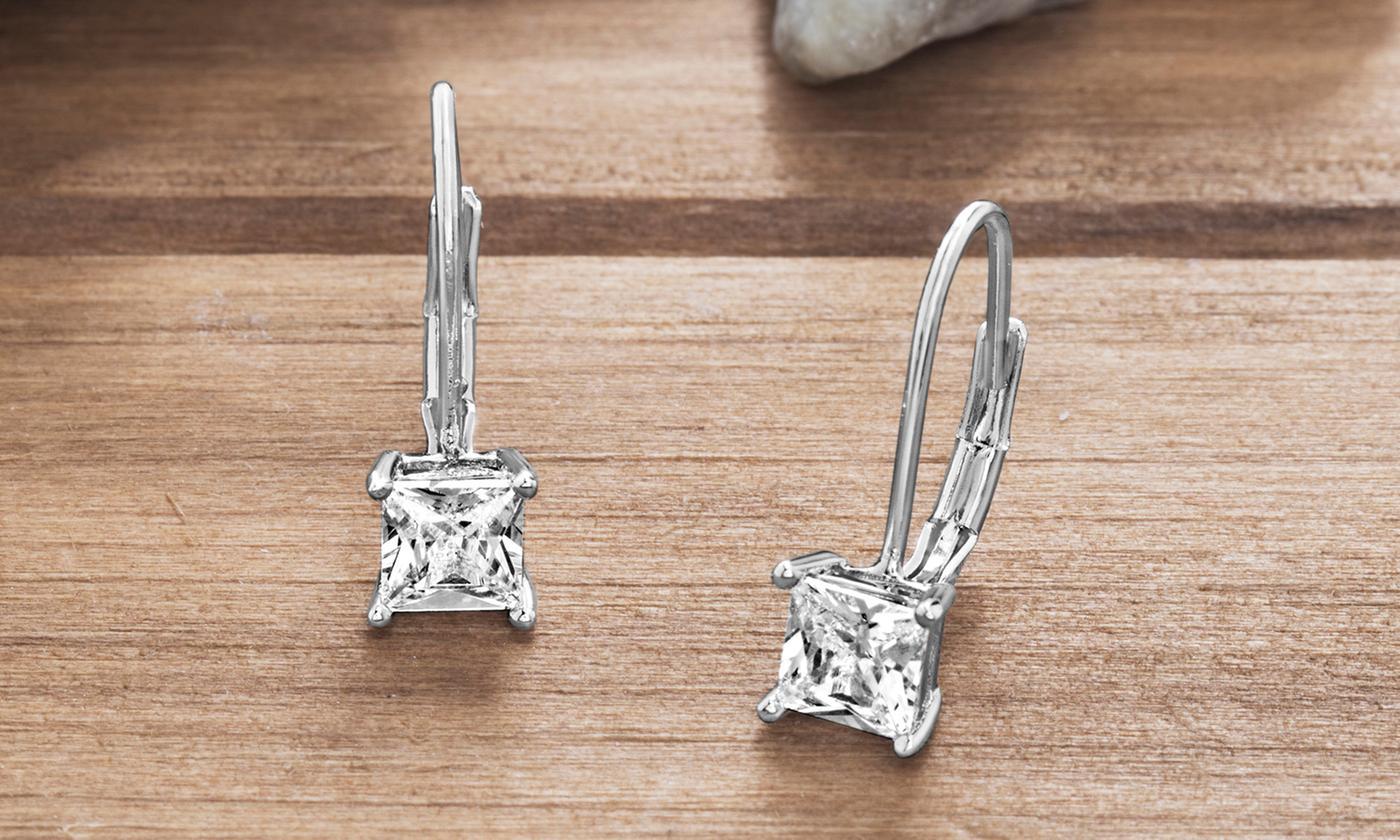 Princess Cut Elements Simple Leverback Earrings in 14K White Gold