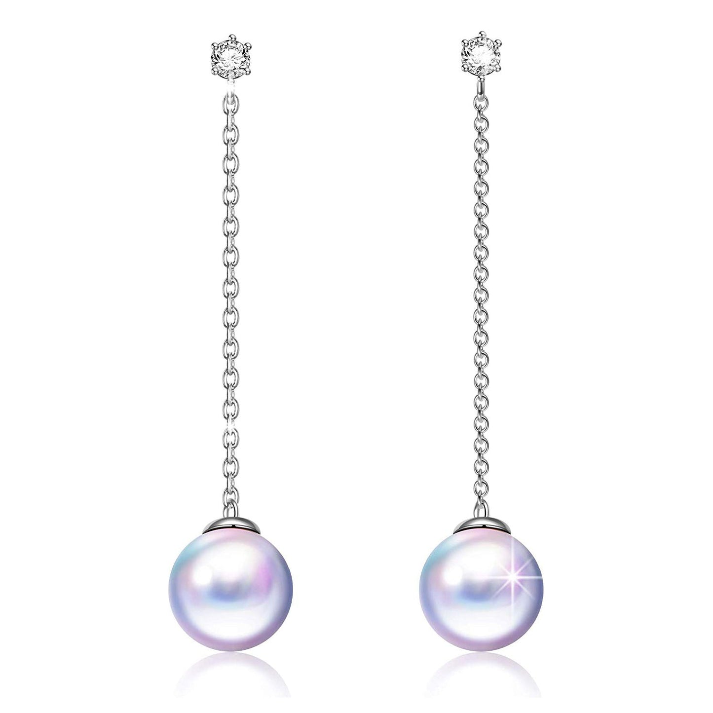 Dangling Mock Pearl Crystal Earrings in 14K White Gold