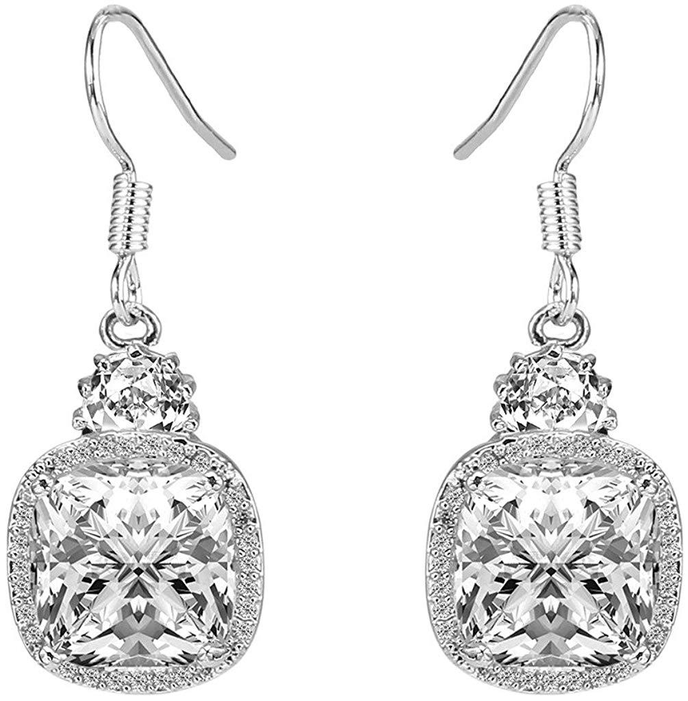 White Classic Cushion Cut Drop Earring in 14K White Gold Tone