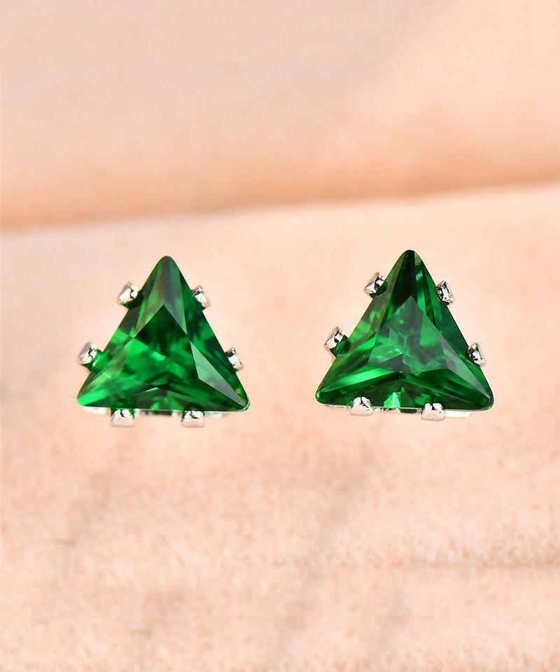 6mm Triangle Stud Earring With Luxe Crystals - Green in Silvertone ITALY Design
