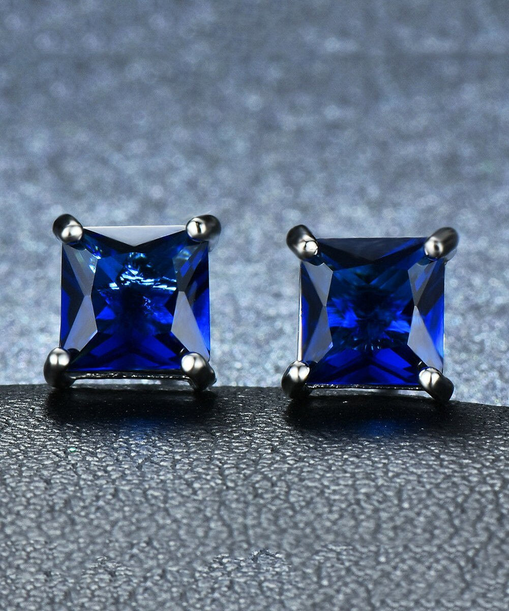 6mm Princess Stud Earring With Luxe Crystals -Blue in Silvertone ITALY Design