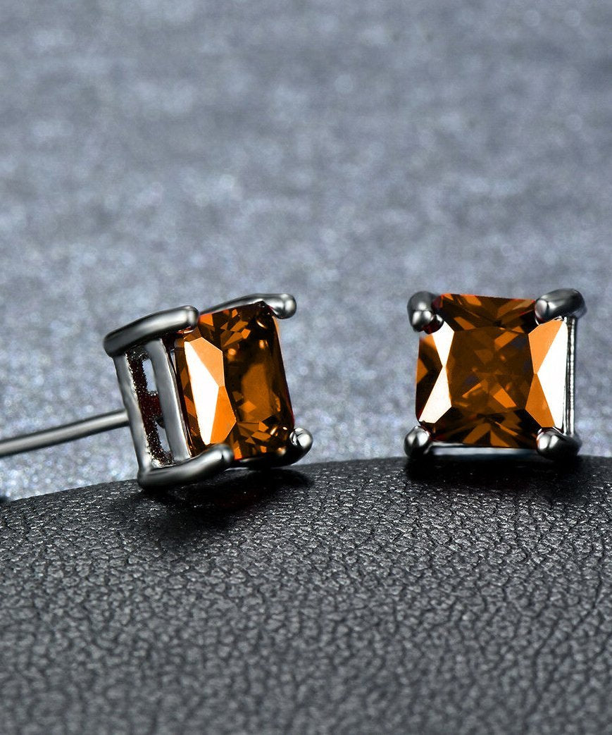 6mm Princess Stud Earring With Luxe Crystals -Orange in Silvertone ITALY Design