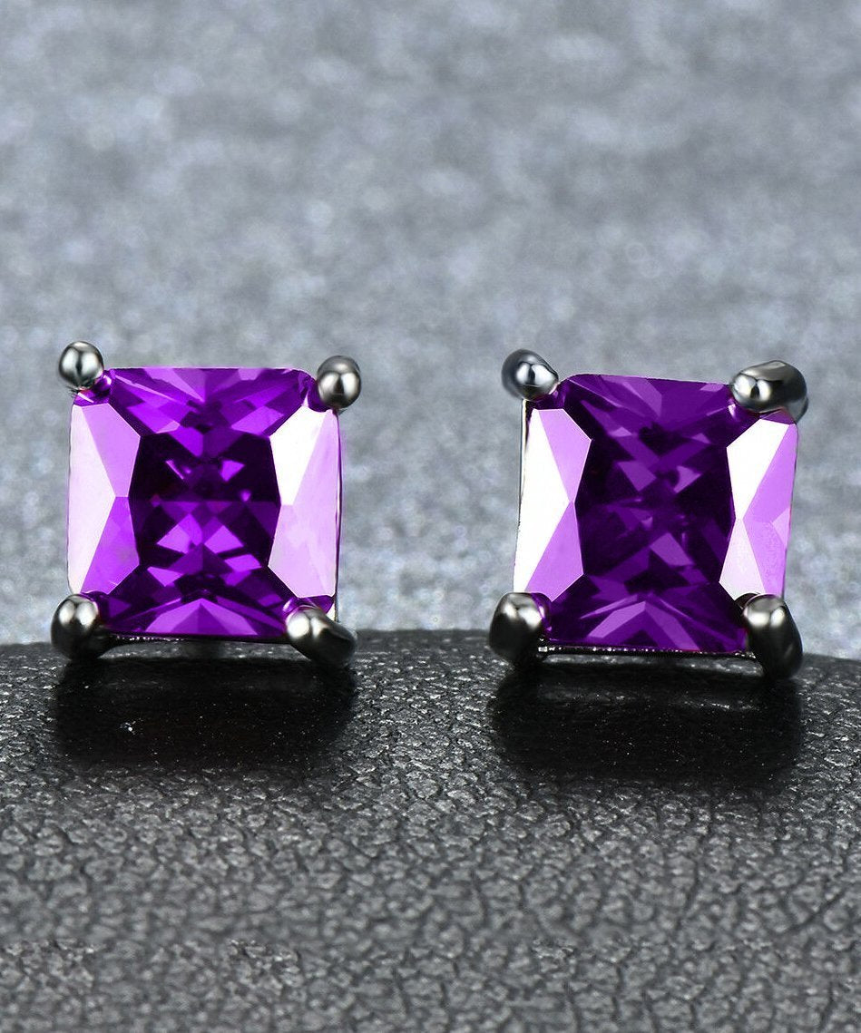 6mm Princess Stud Earring With Luxe Crystals -Purple in Silvertone