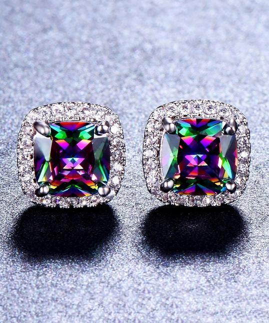 Princess Halo Cut Stud Earring With Luxe Crystals - Mystic in Silvertone ITALY Design