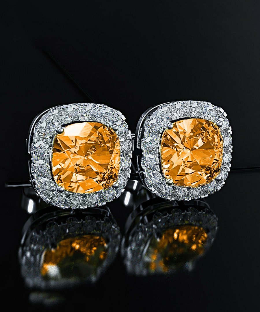 Princess Halo Cut Stud Earring With Luxe Crystals - Orange in Silvertone ITALY Design