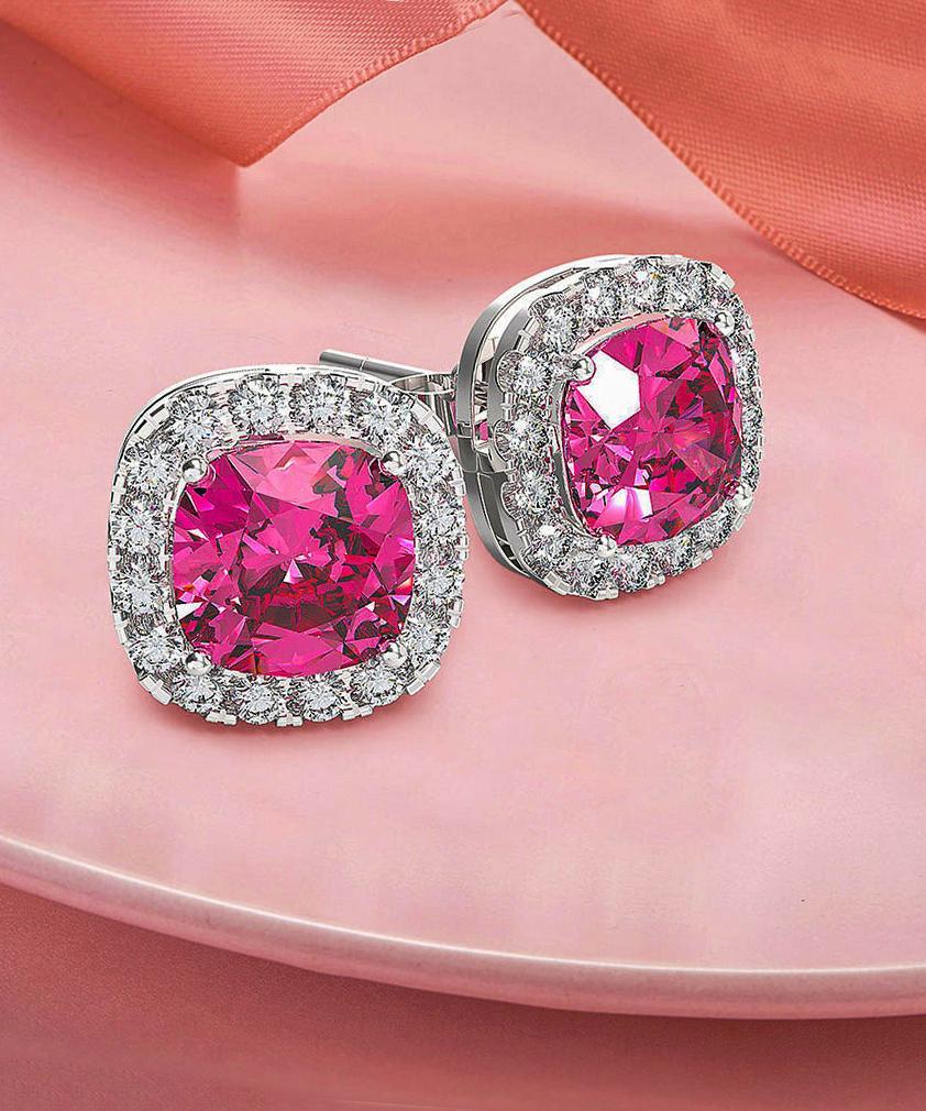 Princess Halo Cut Stud Earring With Luxe Crystals - Pink in Silvertone ITALY Design