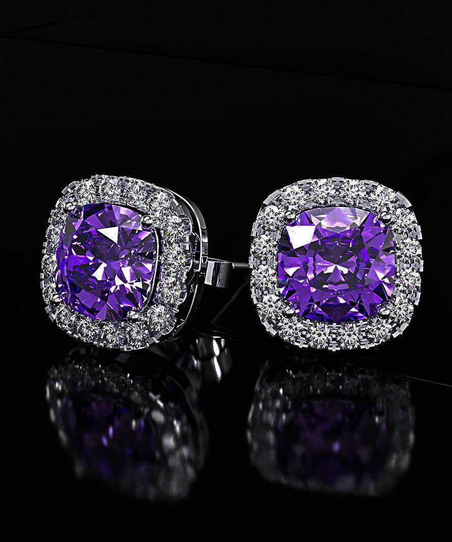 Princess Halo Cut Stud Earring With Luxe Crystals - Purple in Silvertone ITALY Design