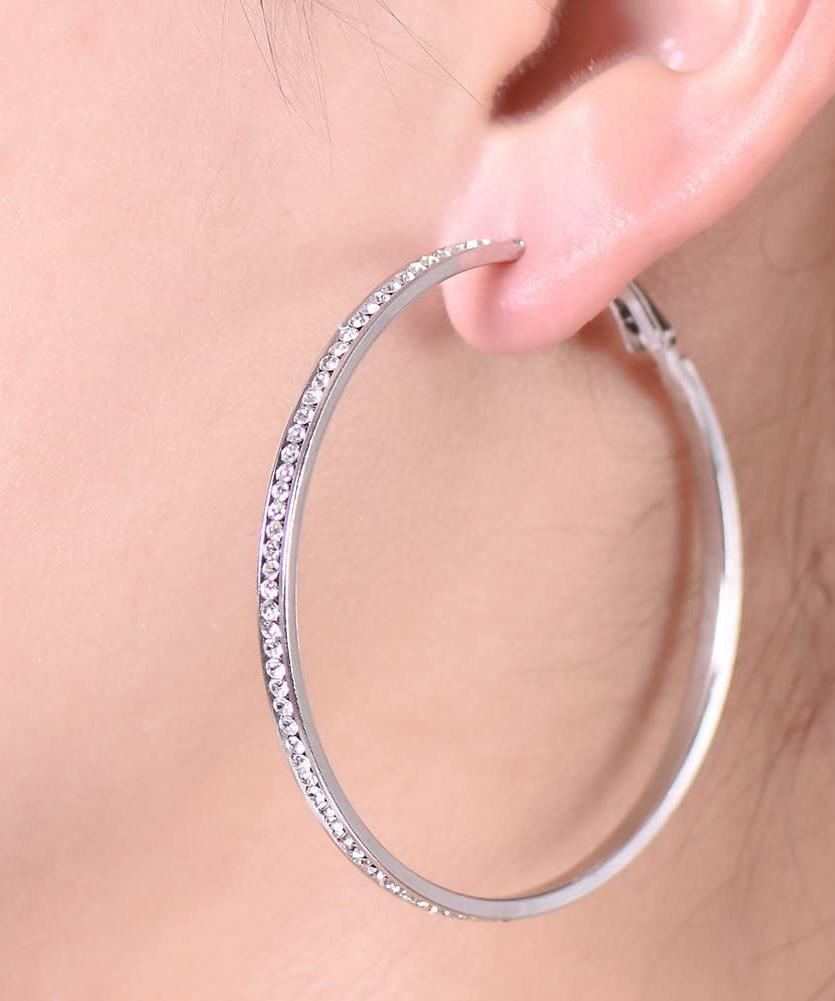 2" Pave Hoop Earring With Crystals in Silvertone ITALY Design