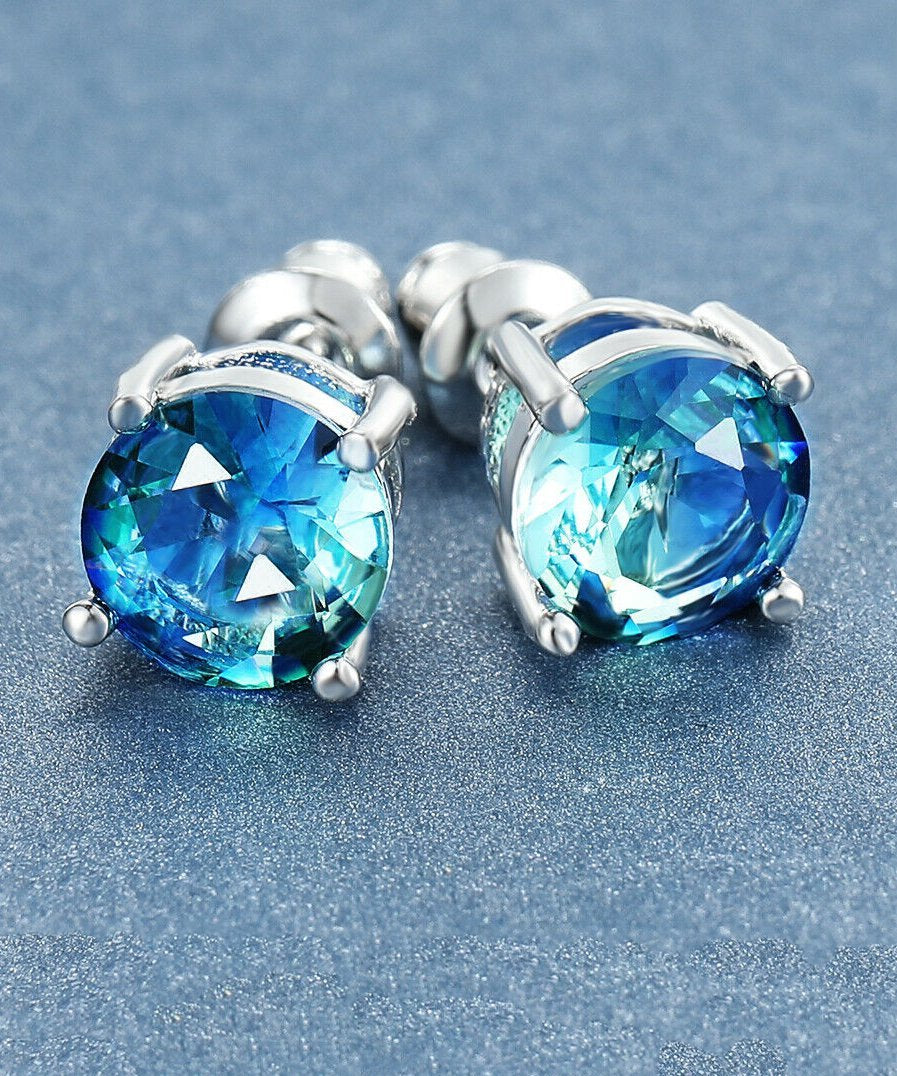 1.25ct Round Cut Aquamarine Stud Earrings Bi Color With Crystals in Silvertone ITALY Design