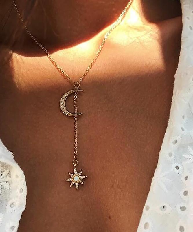 Moon and Star Necklace With Luxe Crystals in Goldtone ITALY Design