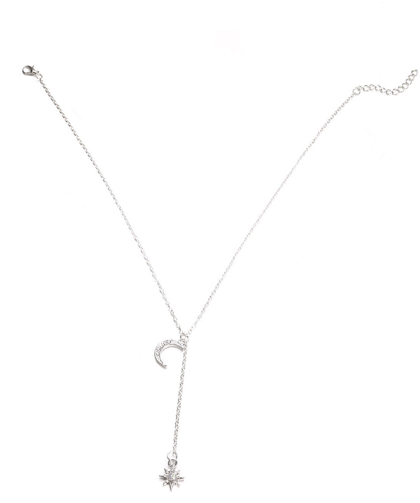 White Crystal Pav'e Star & Moon Lariat Necklace in 14K White Gold Tone