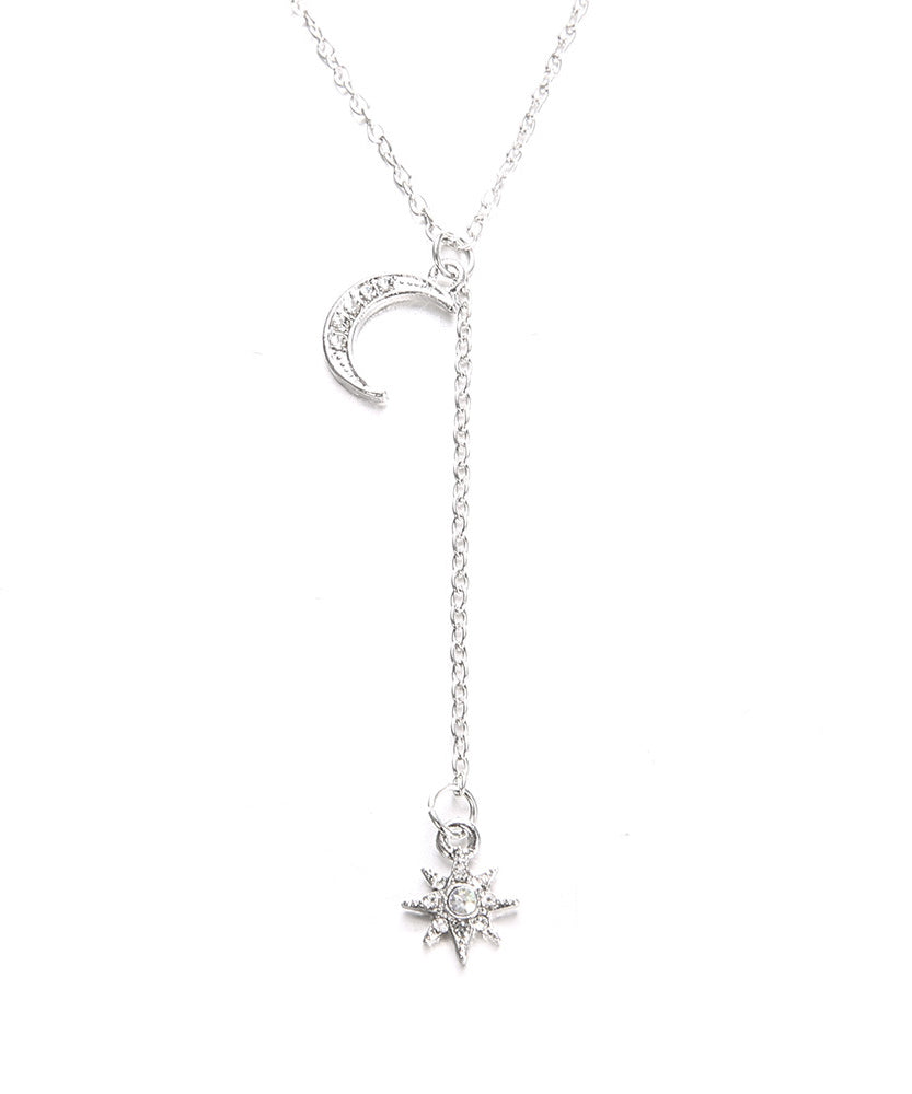 White Crystal Pav'e Star & Moon Lariat Necklace in 14K White Gold Tone