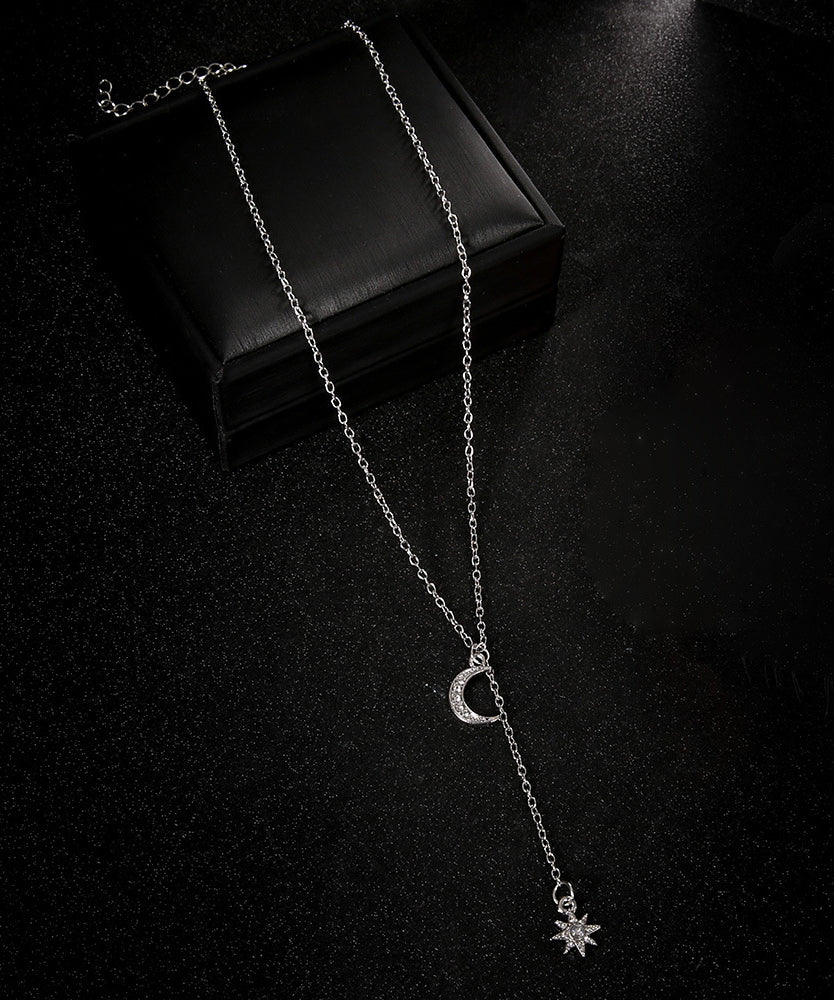 White Crystal Pav'e Star & Moon Lariat Necklace in 14K White Gold Tone