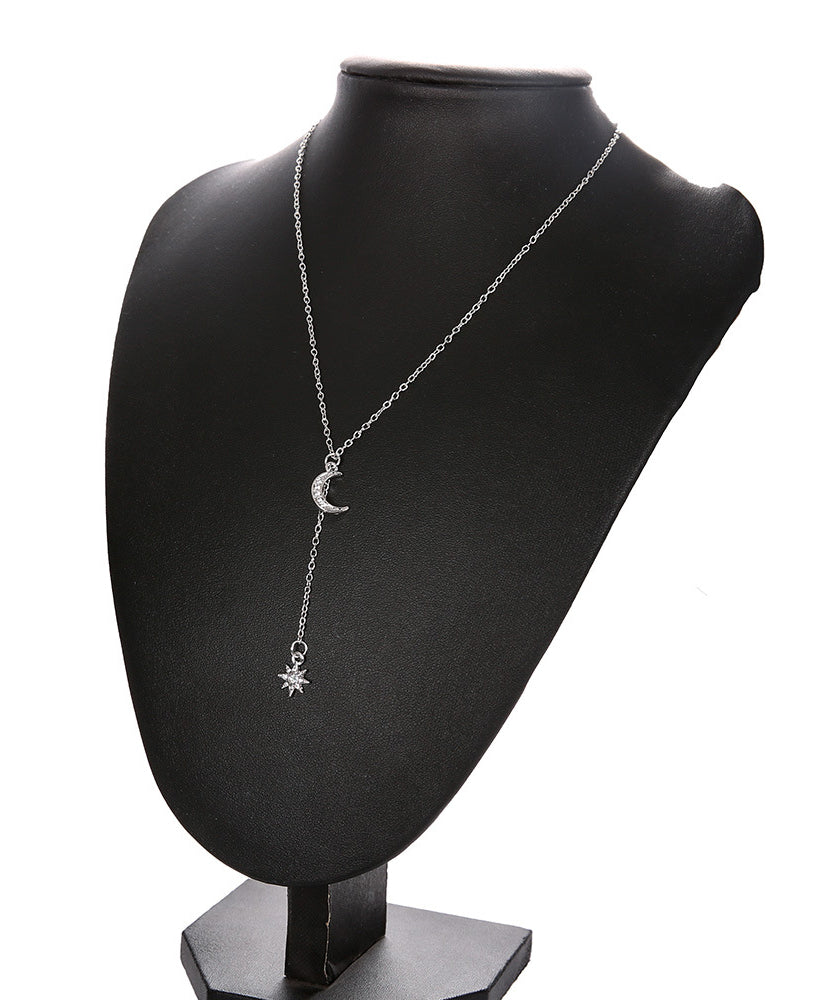 White Crystal Pav'e Star & Moon Lariat Necklace in 14K White Gold Tone