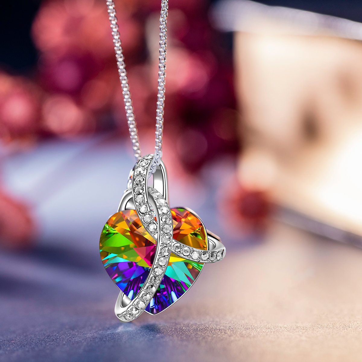 3.00 Cttw Rainbow Aurora Borealis Gemstone Heart Necklace in Silvertone (8+ Options)