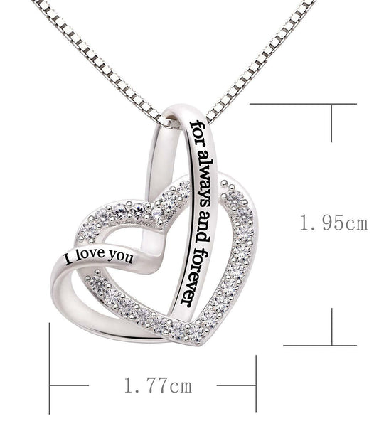 "I Love you Forever and Always" Heart Necklace Embellished with Crystals in Silvertone