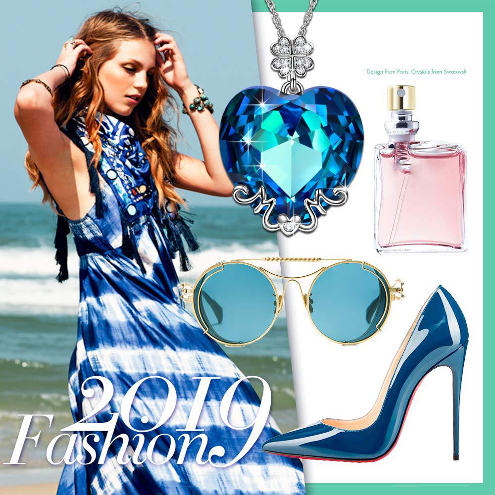 Light Blue Heart Shaped Pav'e Clover Necklace in 14K White Gold