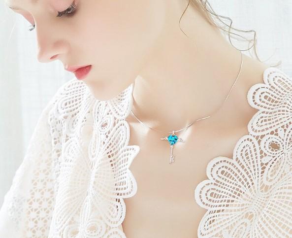 Heart Shaped Blue Elements Dangling Key Necklace in 14K White Gold