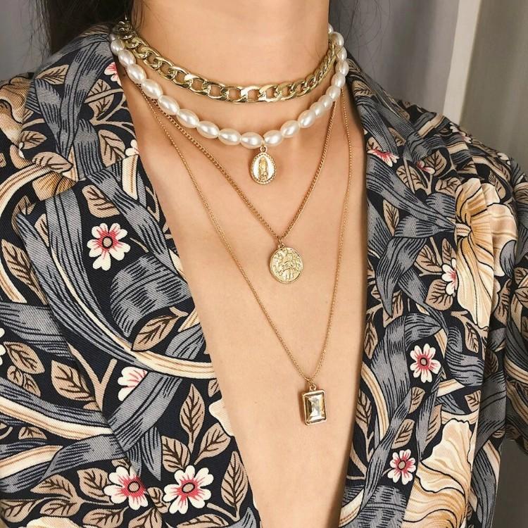 4 Piece Choker Pearl Chain Necklace Set in Goldtone