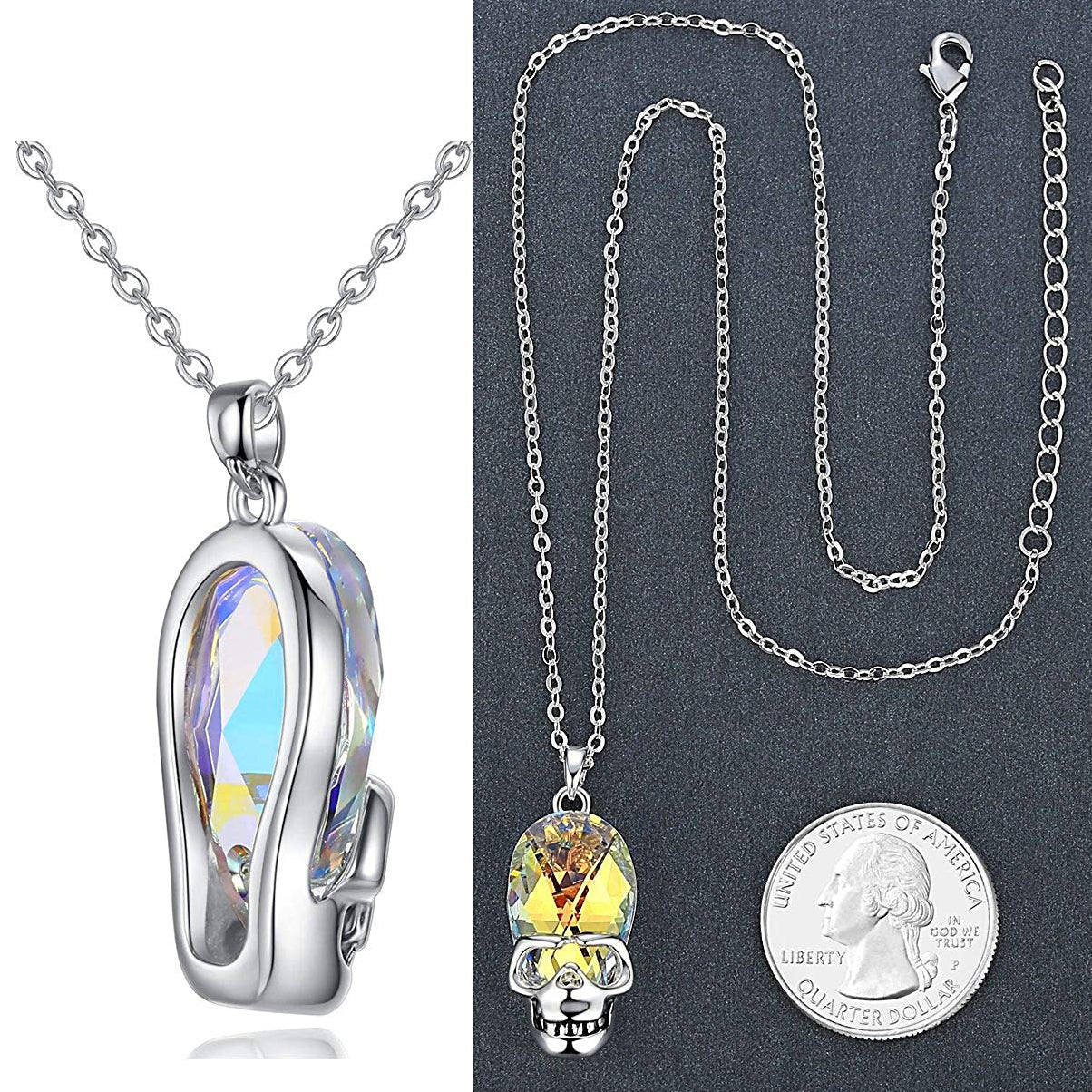 Aurora Borealis Skull Pendant Necklace in 14K White Gold Tone Illuminating