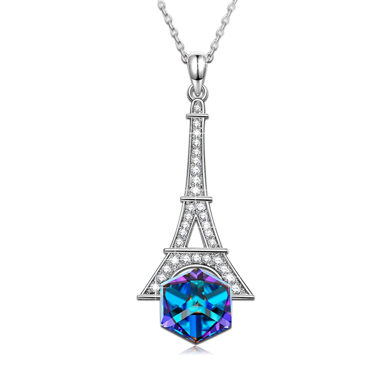 Blue Elements Eiffel Towel Pav'e Necklace in 14K White Gold Tone
