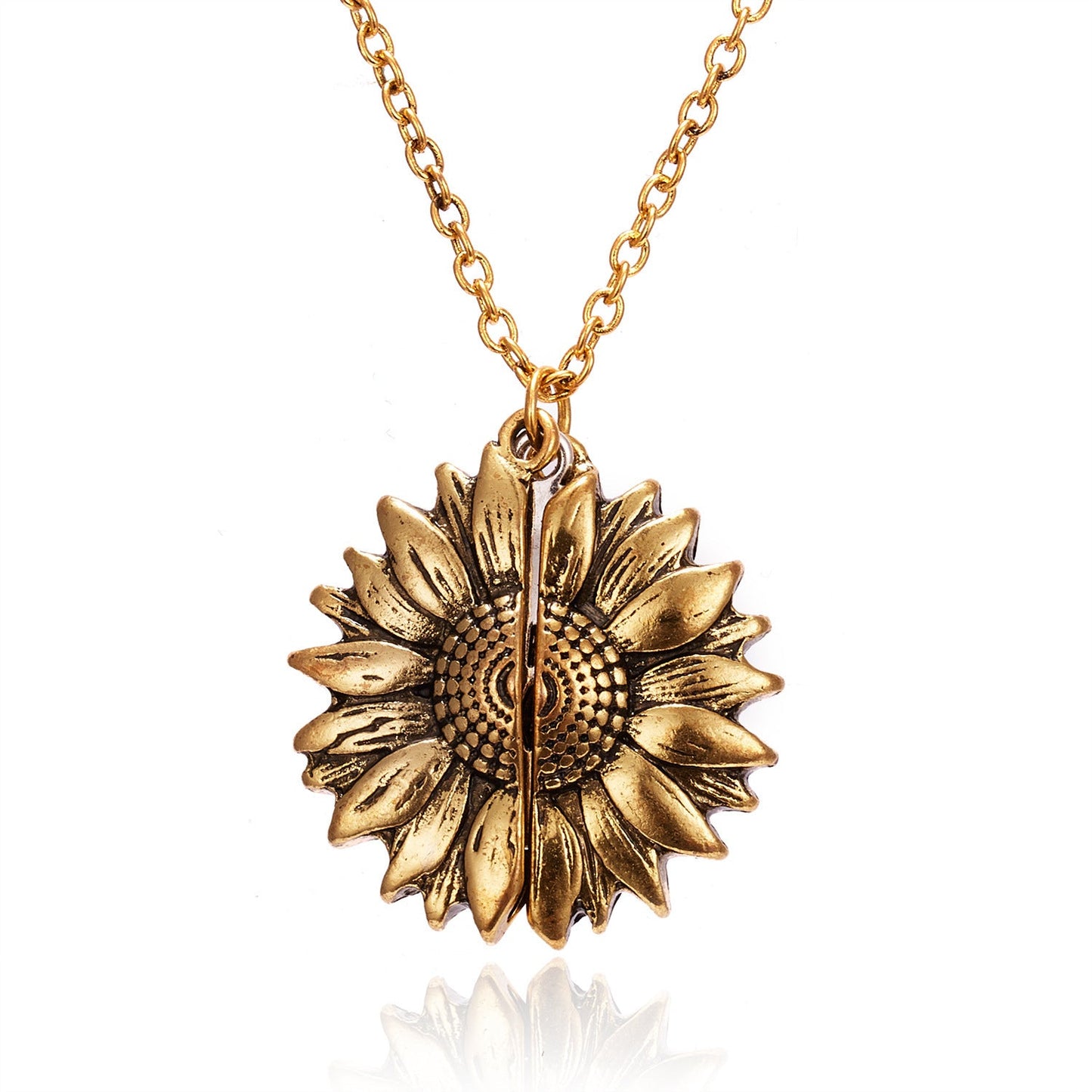 Spring is Here Inspired Open Sunflower Pendant Necklace in Goldtone Tone